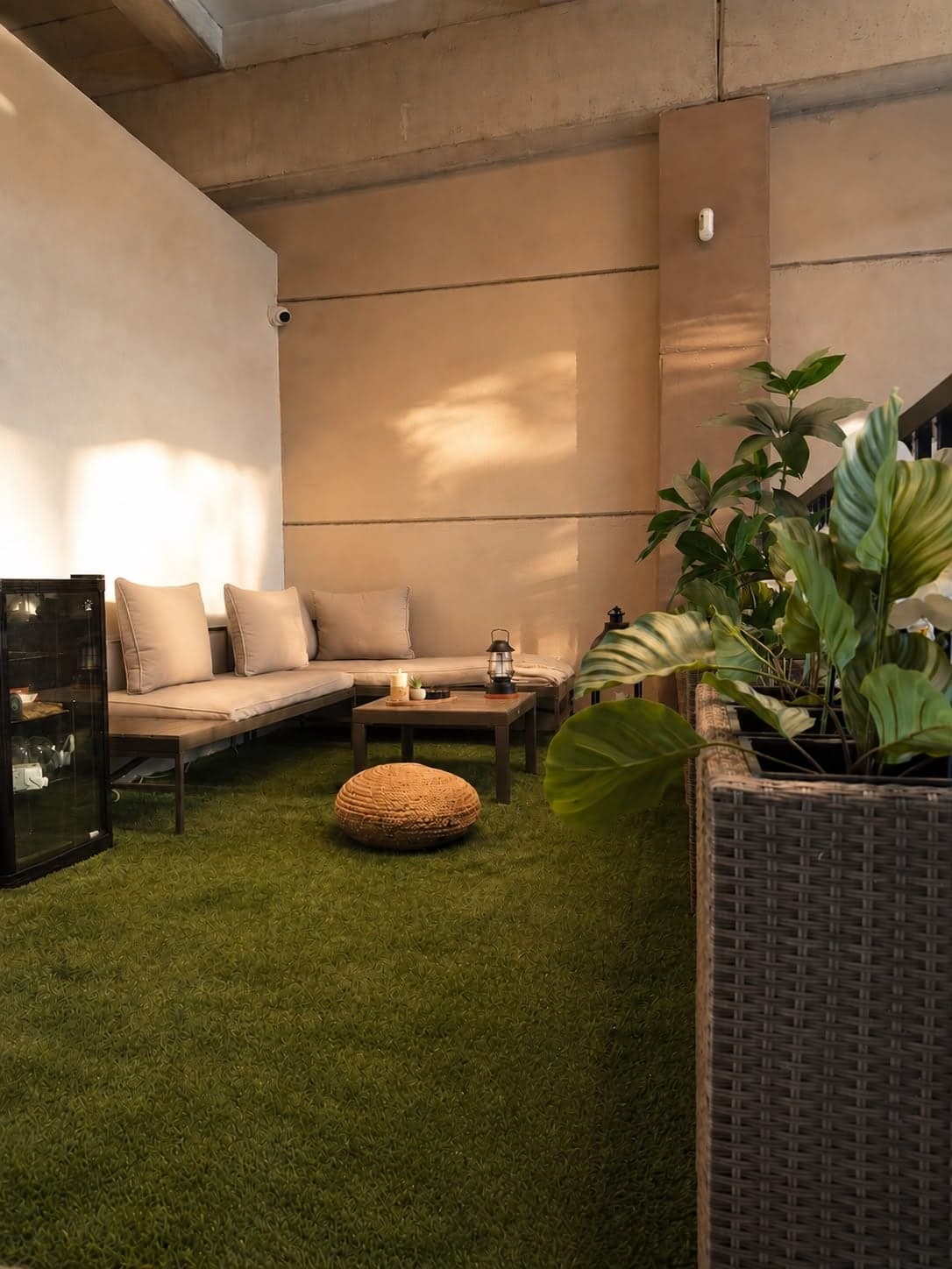 Zona de espera de CN Trainer, con sofá, plantas y césped, iluminada por luz cálida
