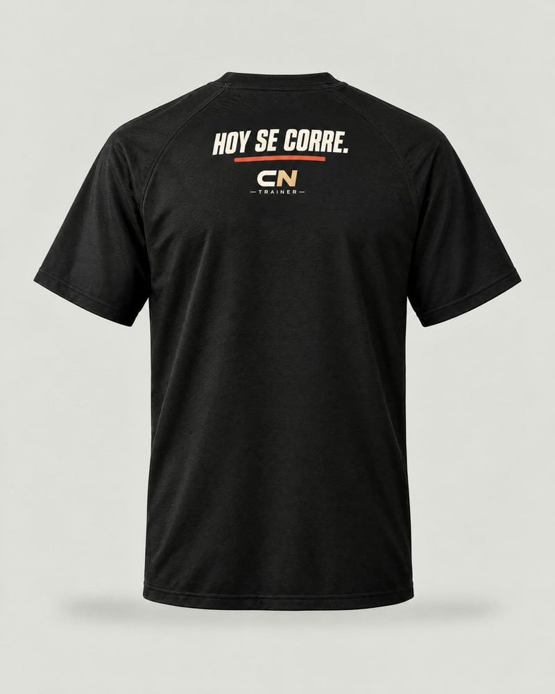Camiseta técnica «¿Habéis traído zapatillas de correr?», color negro, espalda