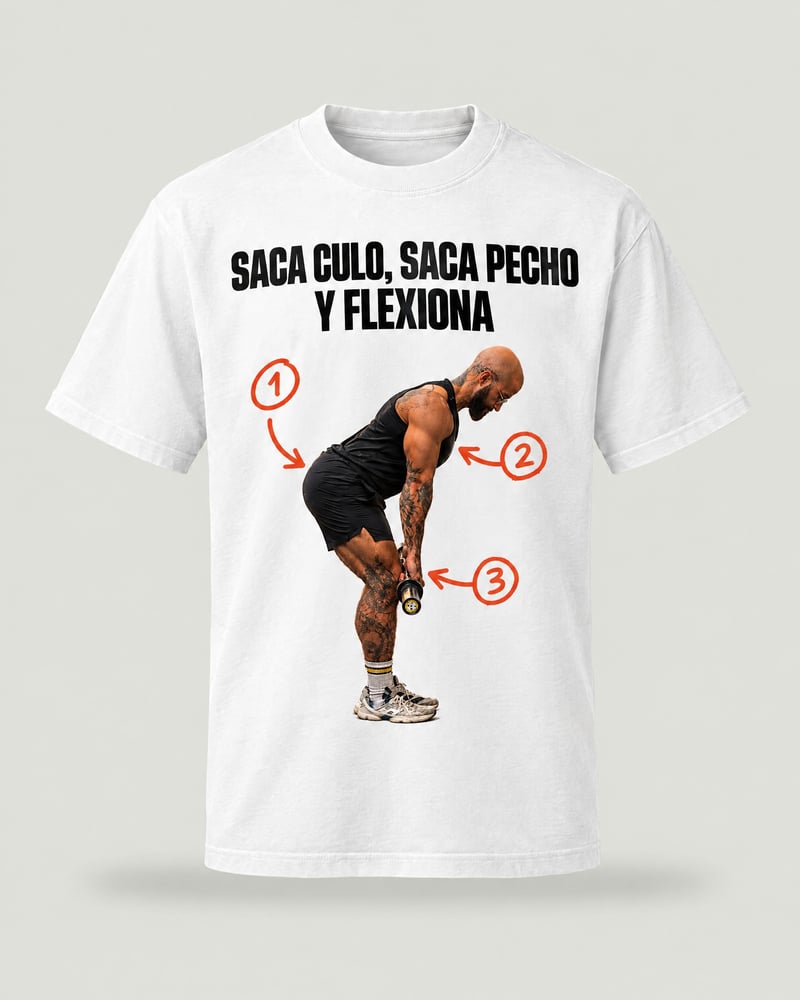 Camiseta oversize «Saca culo, saca pecho y flexiona», color blanco, delante