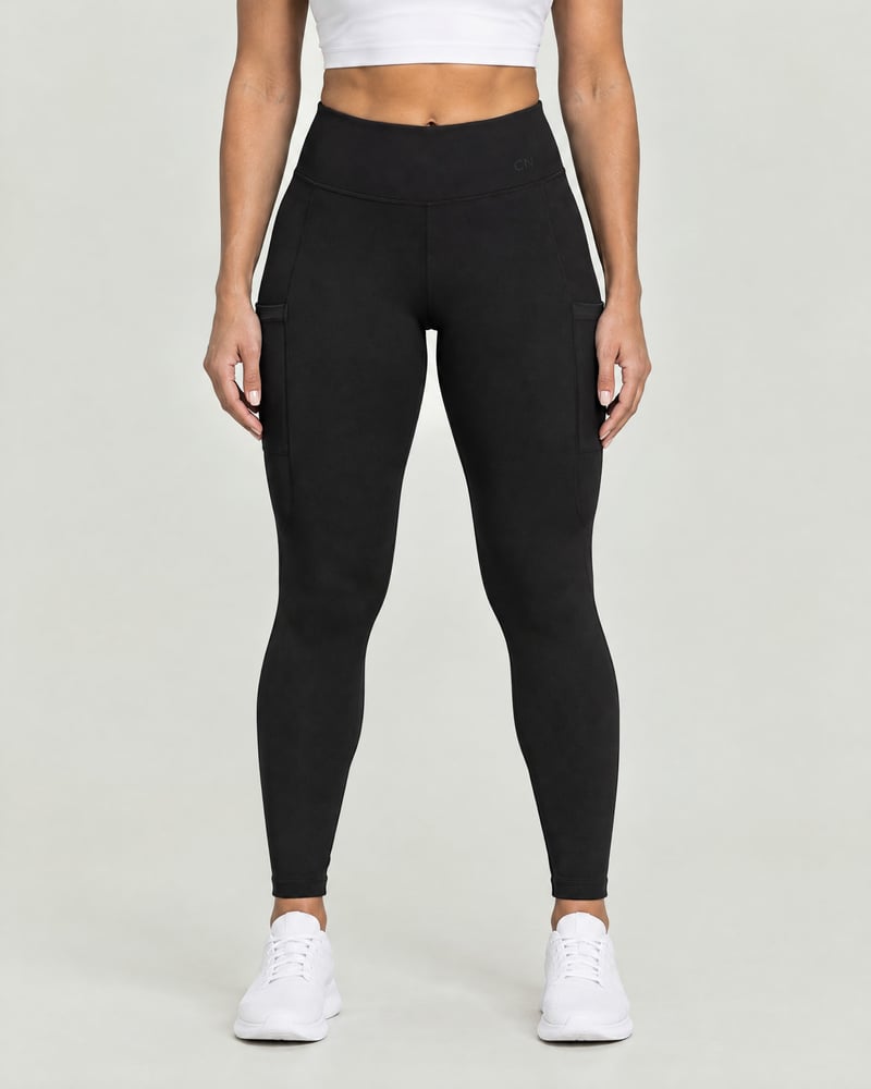 Mallas de talle alto con bolsillos, color negro, delante