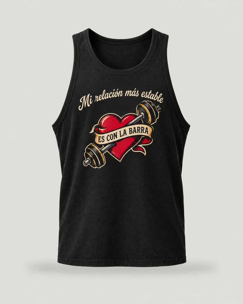 Camiseta de tirantes «Mi relación más estable es con la barra», color negro, delante