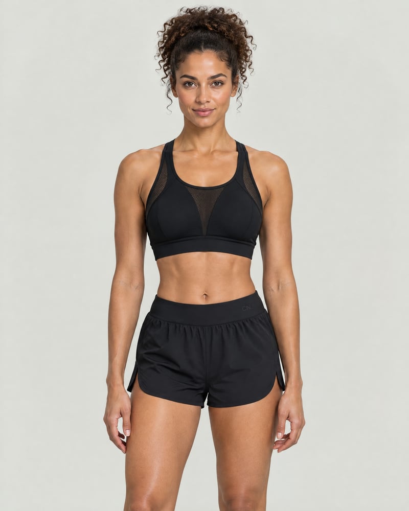 Conjunto Run · sujetador de sujeción alta y pantalón de correr, color negro, delante