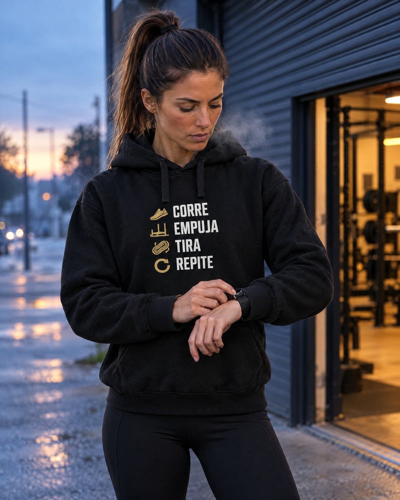 Sudadera con capucha «Corre, empuja, tira, repite», puesta