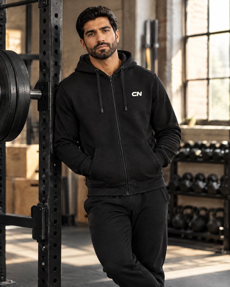 Sudadera con cremallera y capucha, puesta