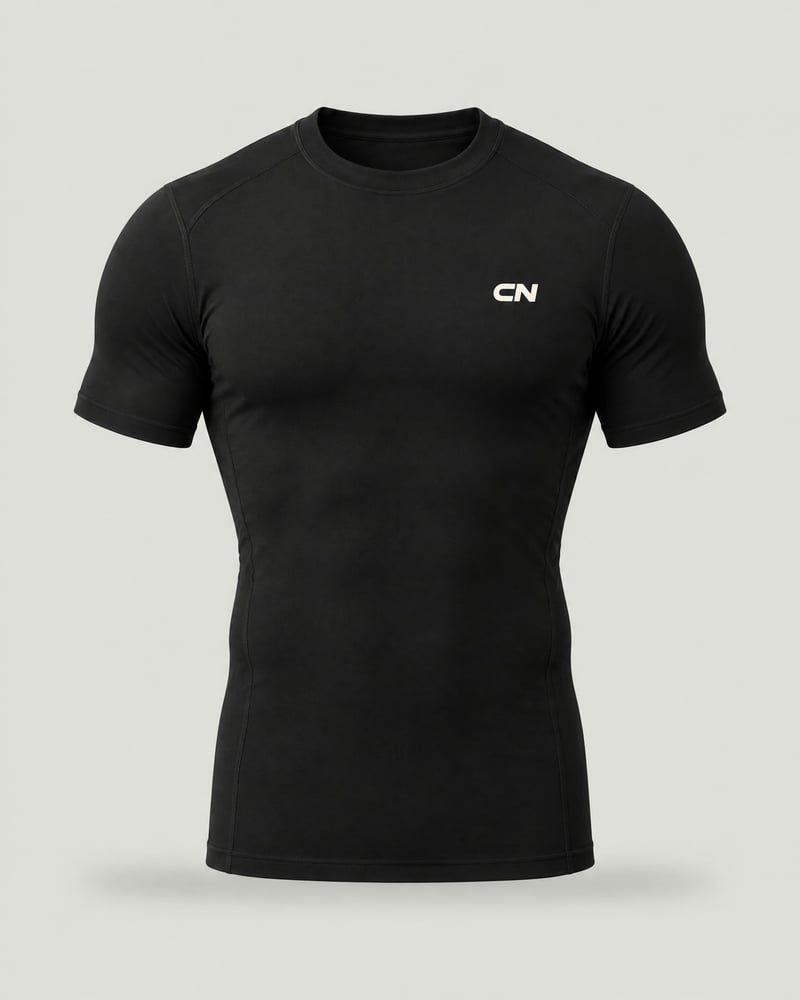Camiseta de compresión de manga corta, color negro, delante
