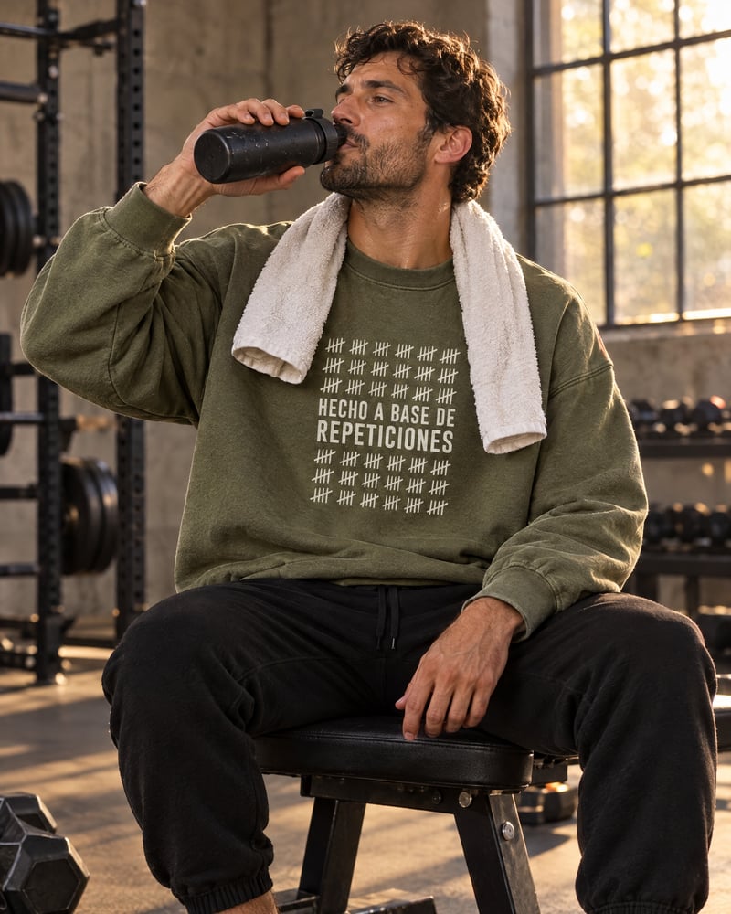 Sudadera oversize «Hecho a base de repeticiones», puesta