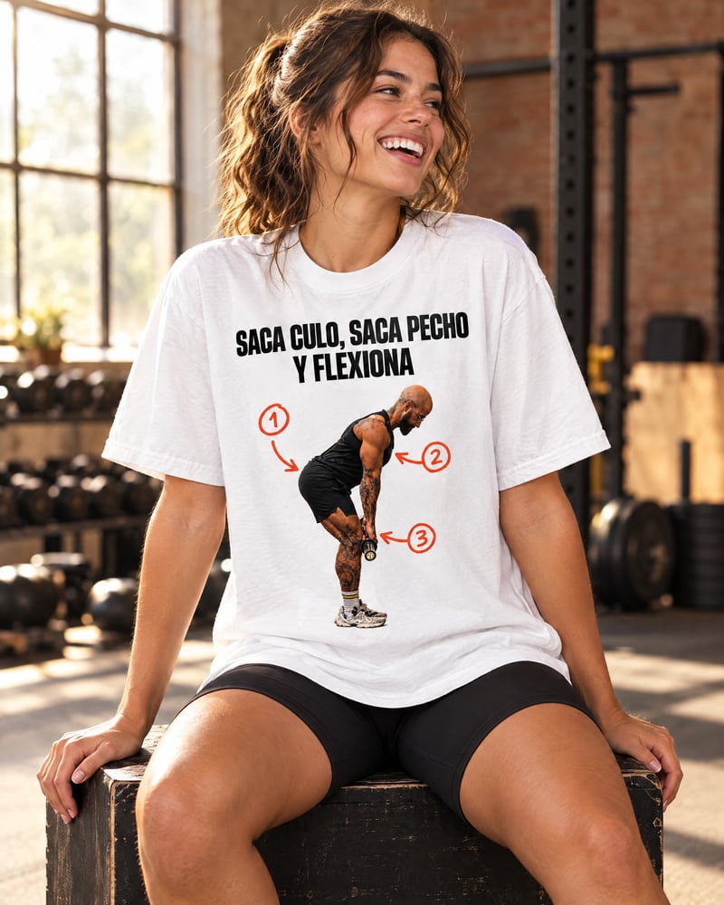 Camiseta oversize «Saca culo, saca pecho y flexiona», puesta
