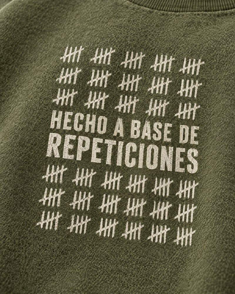 Sudadera oversize «Hecho a base de repeticiones», detalle del estampado