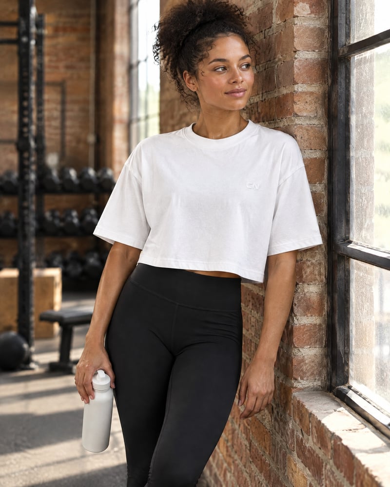 Camiseta corta oversize de mujer, puesta