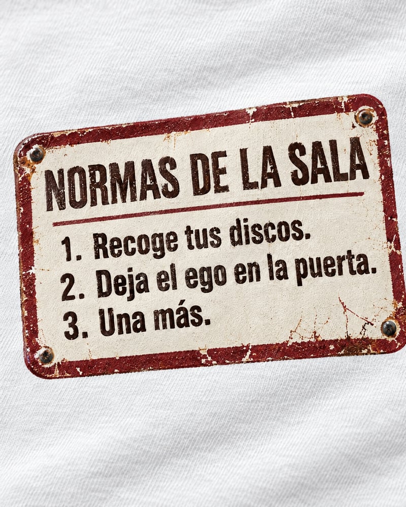 Camiseta «Normas de la sala», detalle del estampado