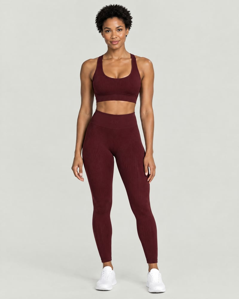 Conjunto Seamless canalé · sujetador y mallas, color burdeos, delante