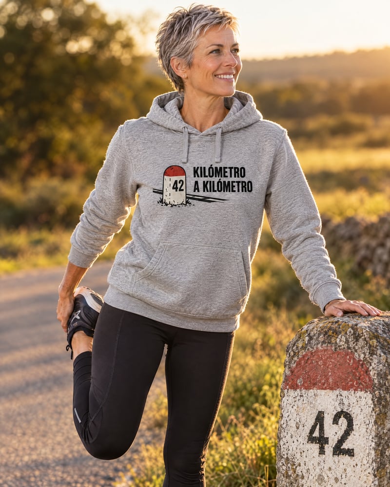 Sudadera con capucha «Kilómetro a kilómetro», puesta