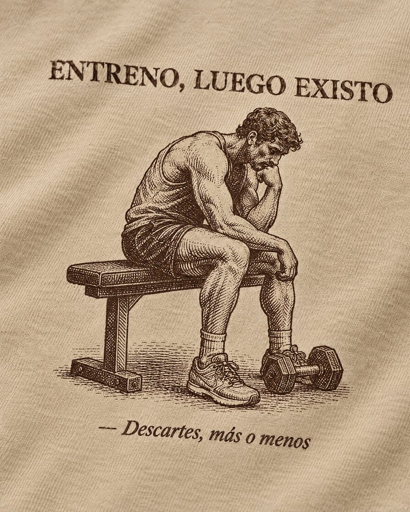 Camiseta oversize «Entreno, luego existo», detalle del estampado