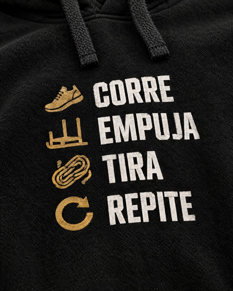 Sudadera con capucha «Corre, empuja, tira, repite», detalle del estampado
