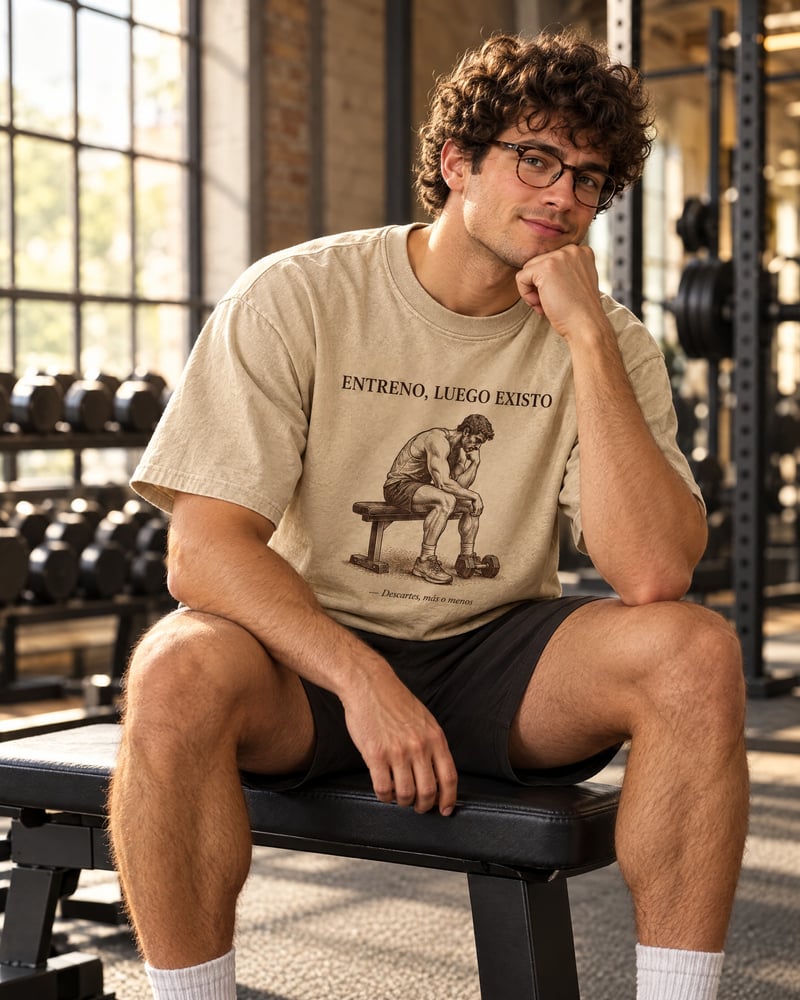Camiseta oversize «Entreno, luego existo», puesta