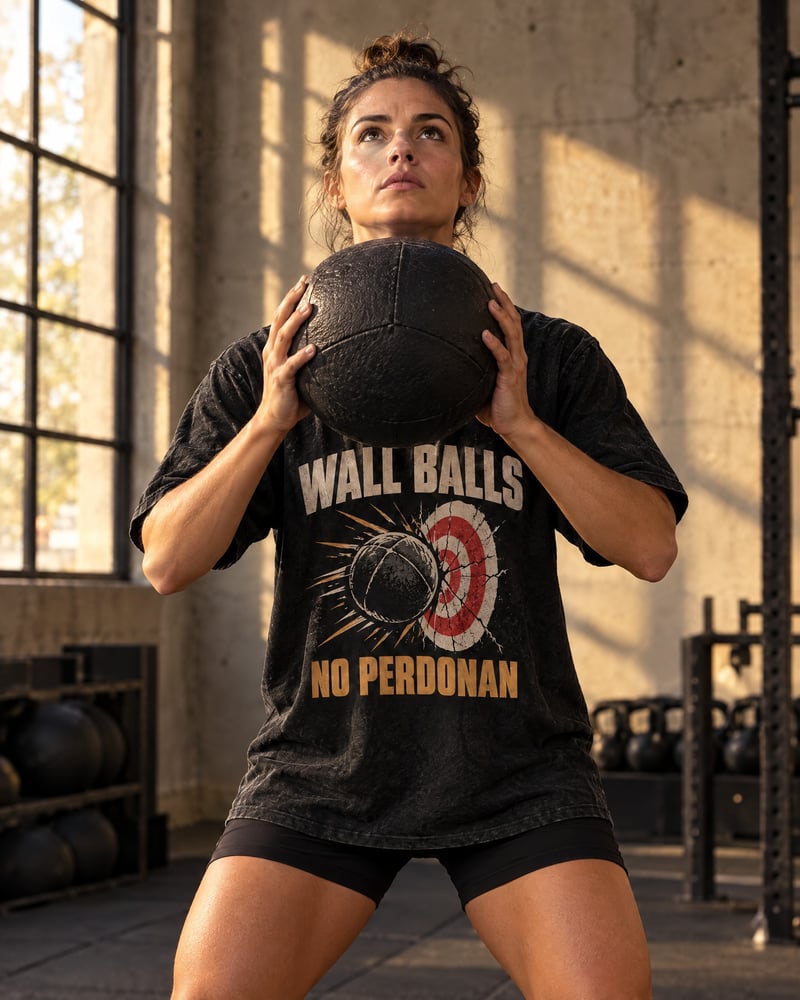Camiseta oversize «Wall balls no perdonan», puesta