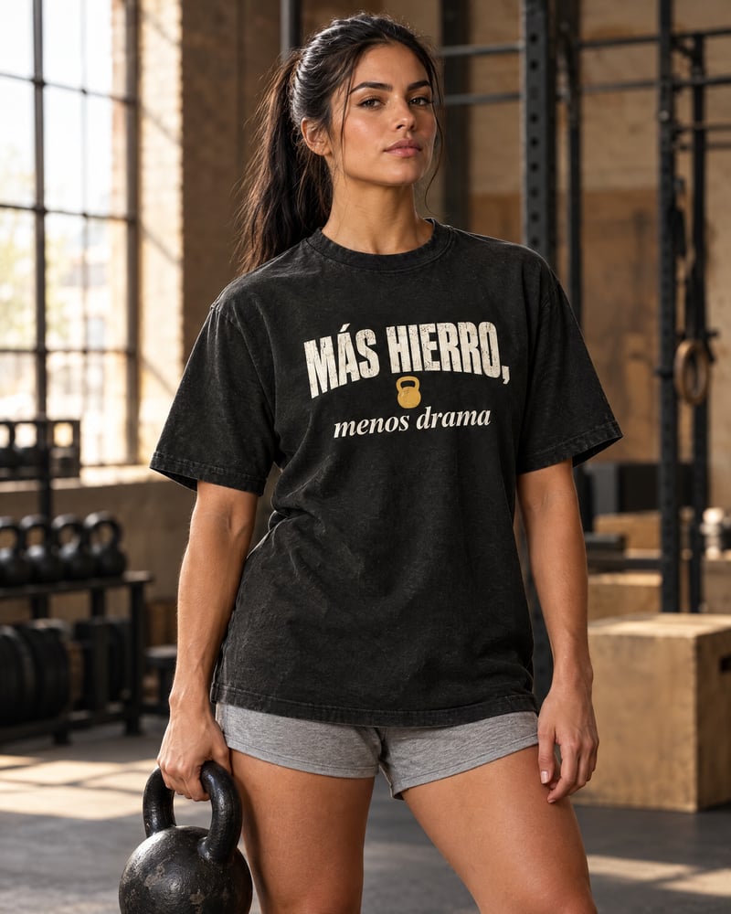 Camiseta oversize «Más hierro, menos drama», puesta