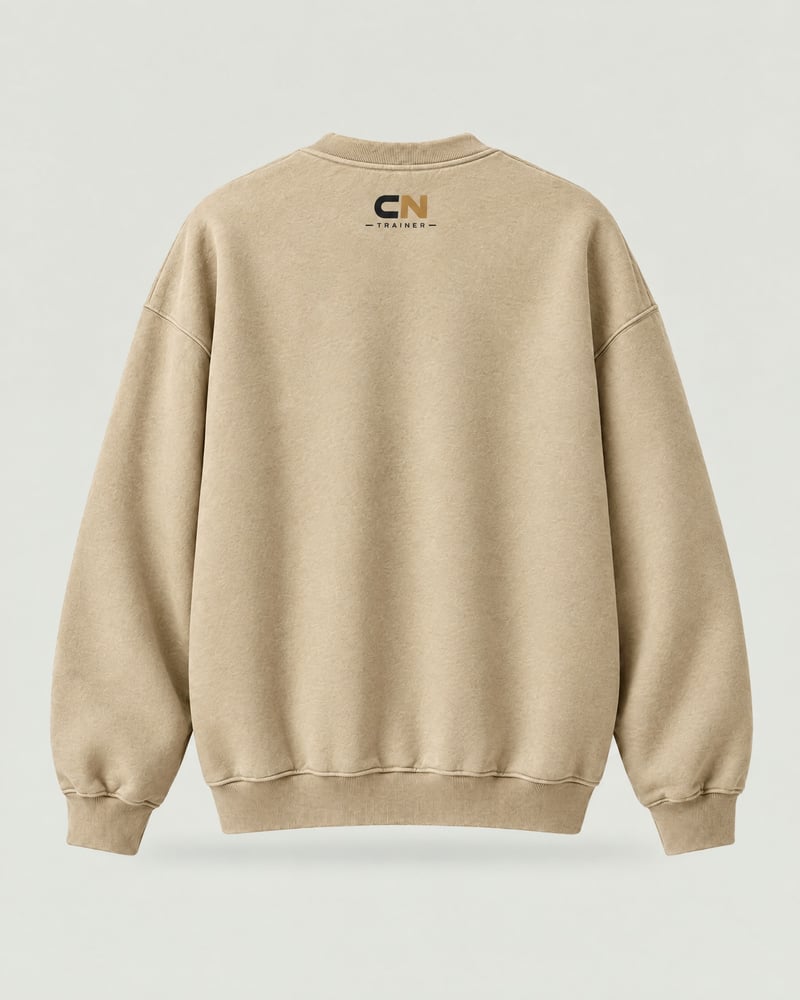 Sudadera oversize «¿Eso era el calentamiento?», color arena, espalda