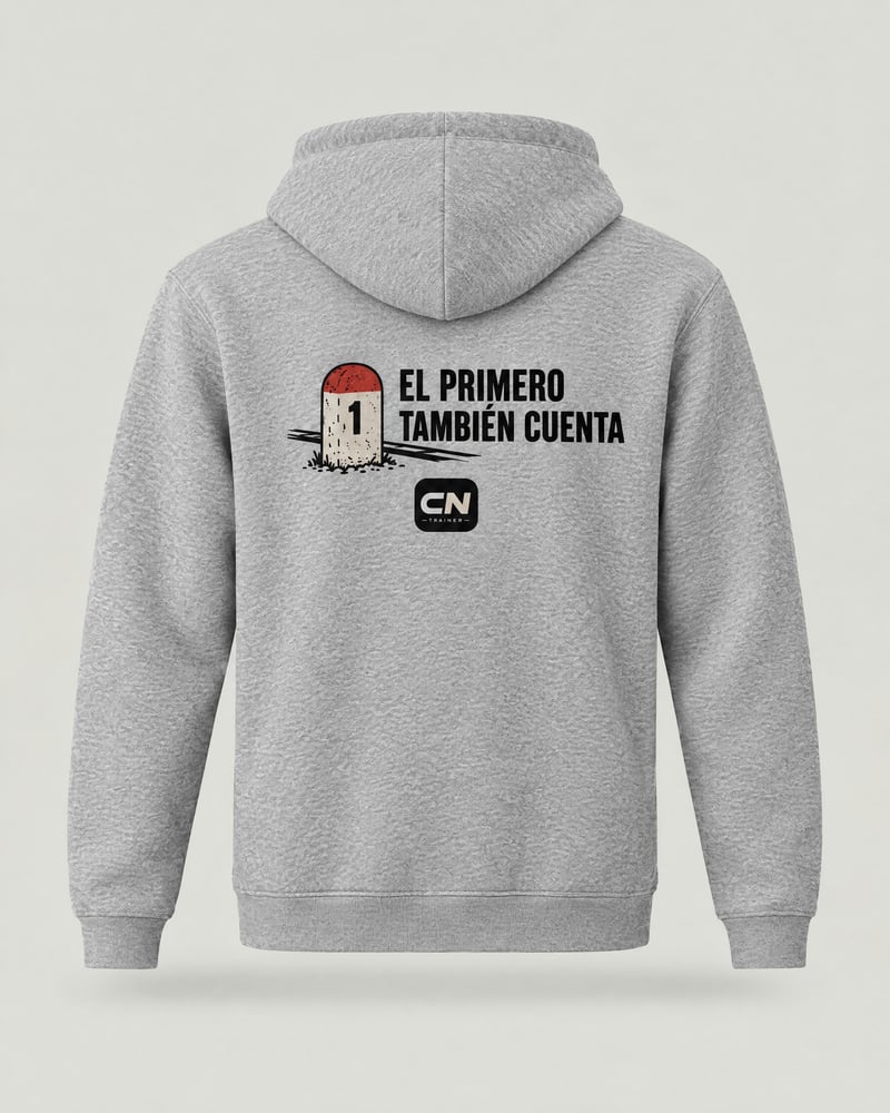 Sudadera con capucha «Kilómetro a kilómetro», color gris jaspeado, espalda
