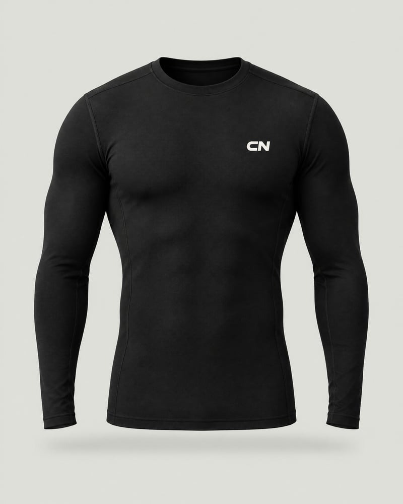Camiseta de compresión de manga larga, color negro, delante