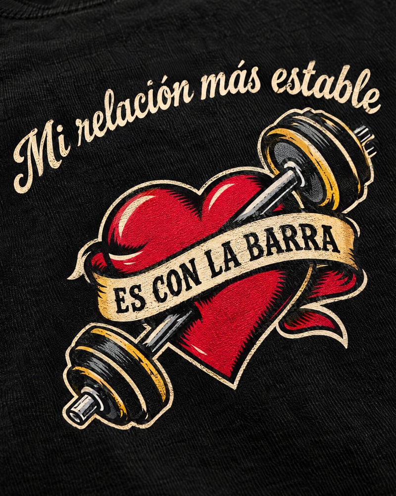 Camiseta de tirantes «Mi relación más estable es con la barra», detalle del estampado