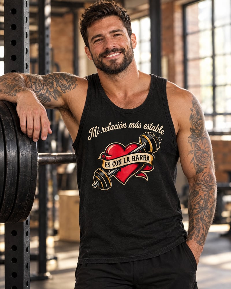Camiseta de tirantes «Mi relación más estable es con la barra», puesta