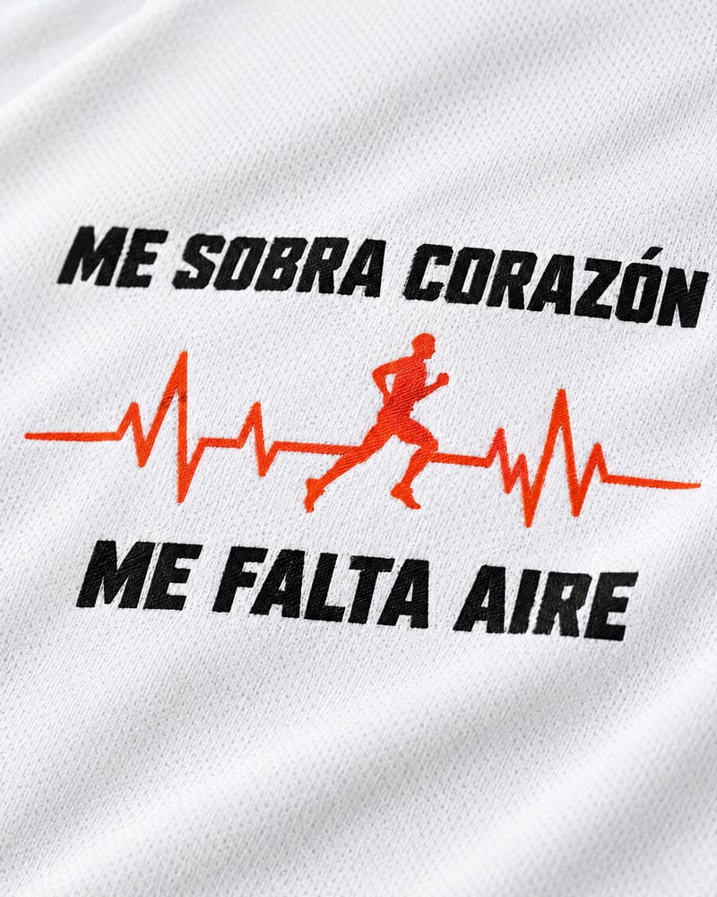 Camiseta técnica «Me sobra corazón, me falta aire», detalle del estampado