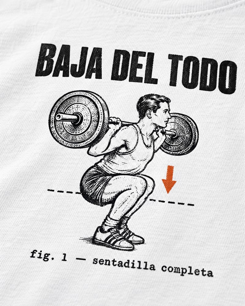 Camiseta «Baja del todo», detalle del estampado