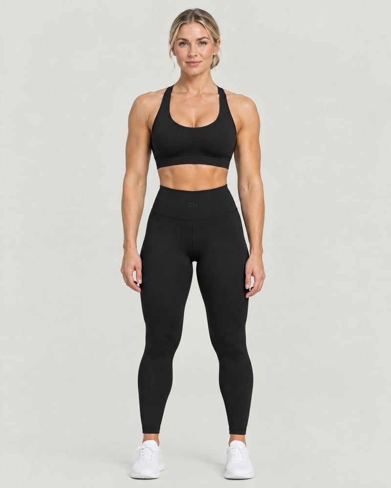 Conjunto Sculpt · top cruzado y mallas de talle alto, color negro, delante