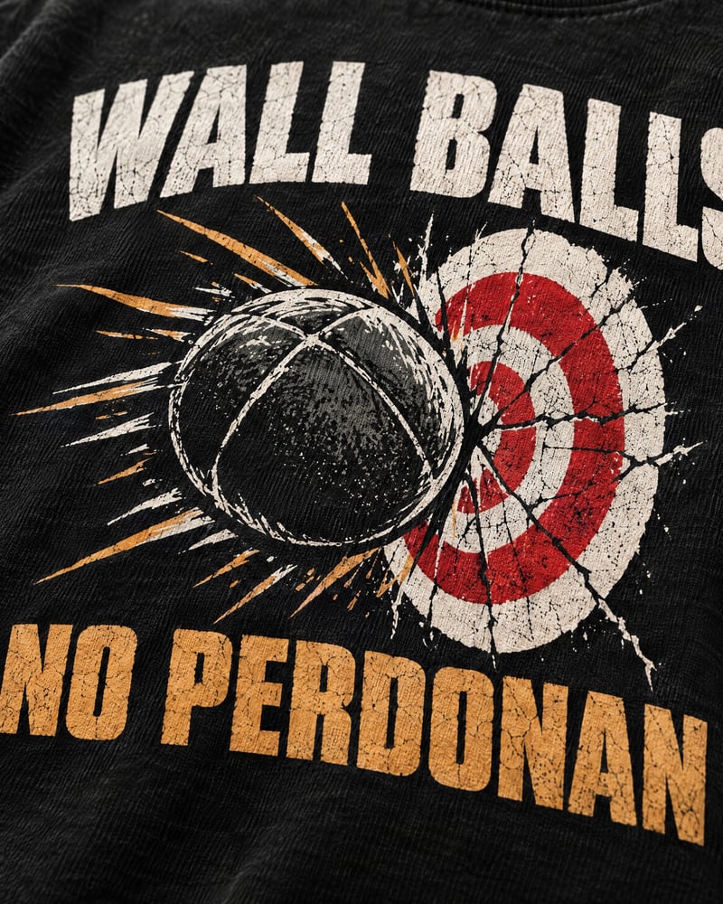 Camiseta oversize «Wall balls no perdonan», detalle del estampado