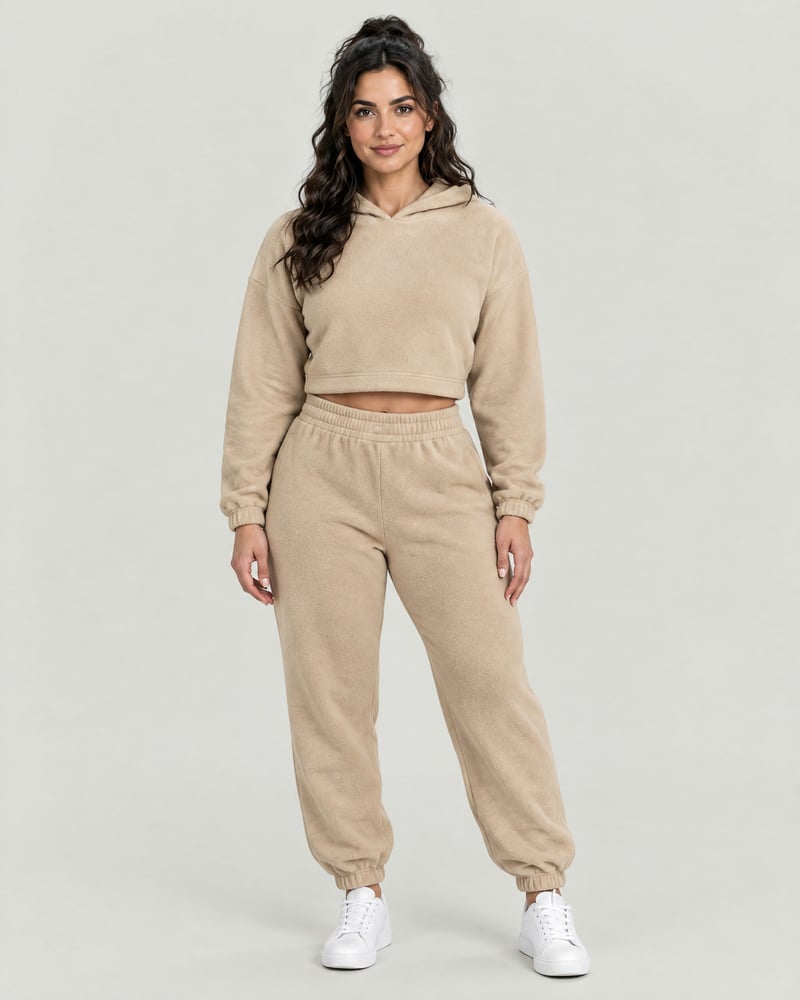 Conjunto Lounge · sudadera corta y jogger, color arena, delante