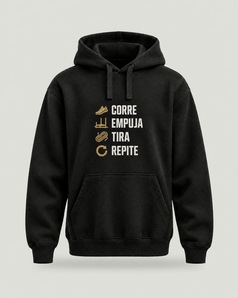 Sudadera con capucha «Corre, empuja, tira, repite», color negro, delante