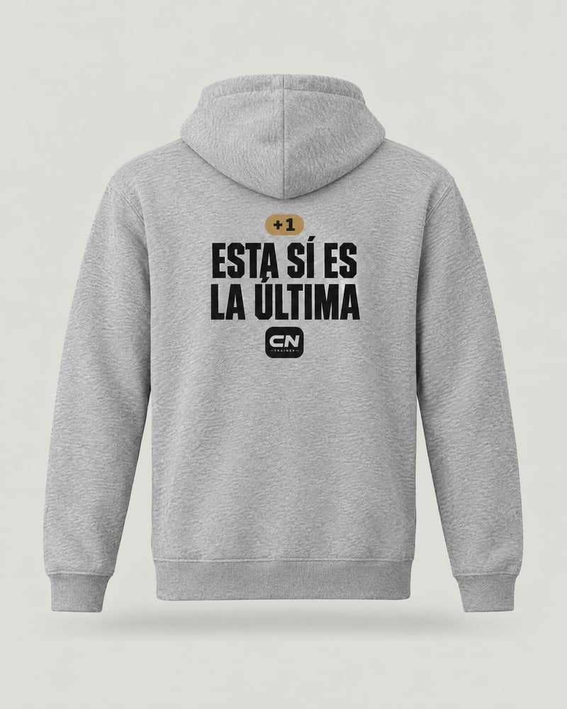 Sudadera con capucha «Una vuelta más», color gris jaspeado, espalda