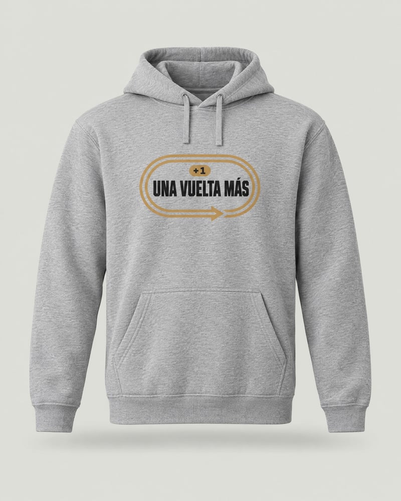 Sudadera con capucha «Una vuelta más», color gris jaspeado, delante