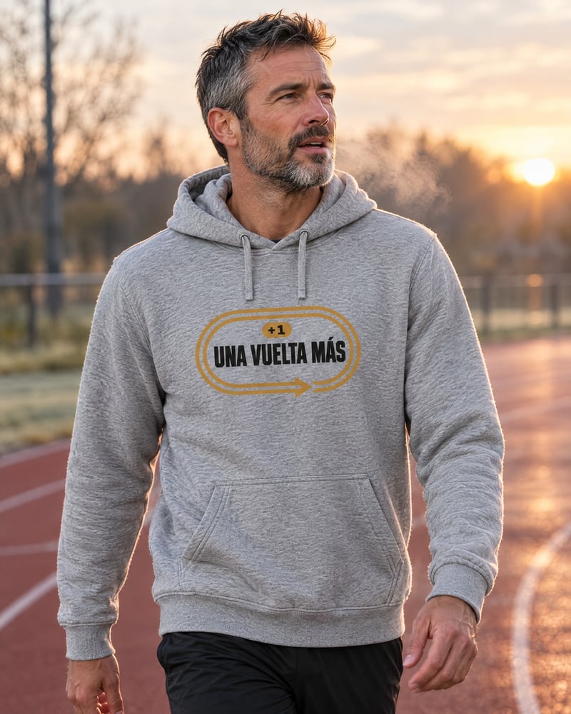 Sudadera con capucha «Una vuelta más», puesta