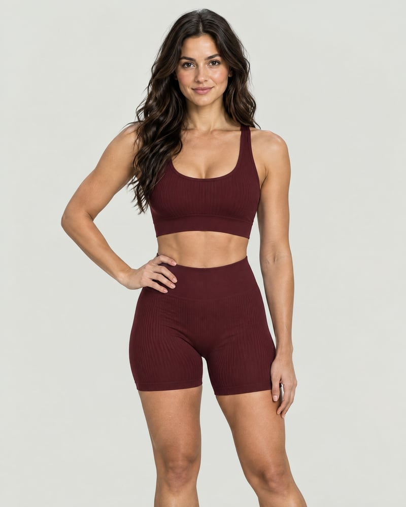 Conjunto Seamless canalé · sujetador y pantalón corto, color burdeos, delante