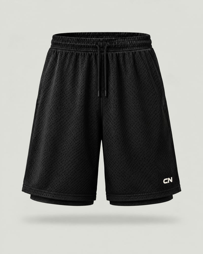 Pantalón corto de rejilla, color negro, delante