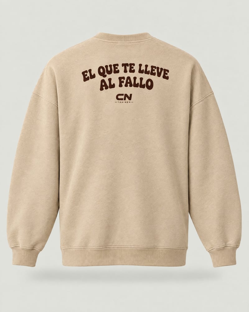 Sudadera oversize «¿Cuánto peso me pongo?», color arena, espalda