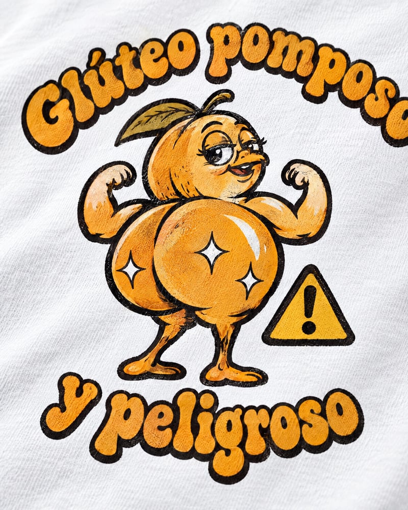 Camiseta «Glúteo pomposo y peligroso», detalle del estampado