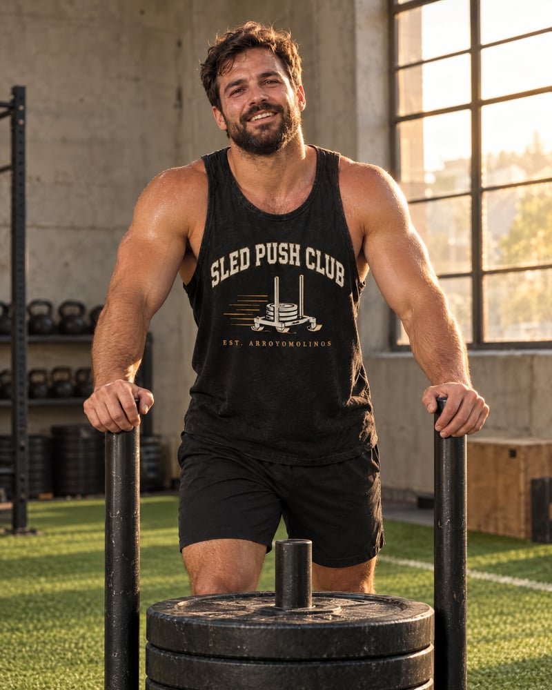 Camiseta de tirantes «Sled Push Club», puesta