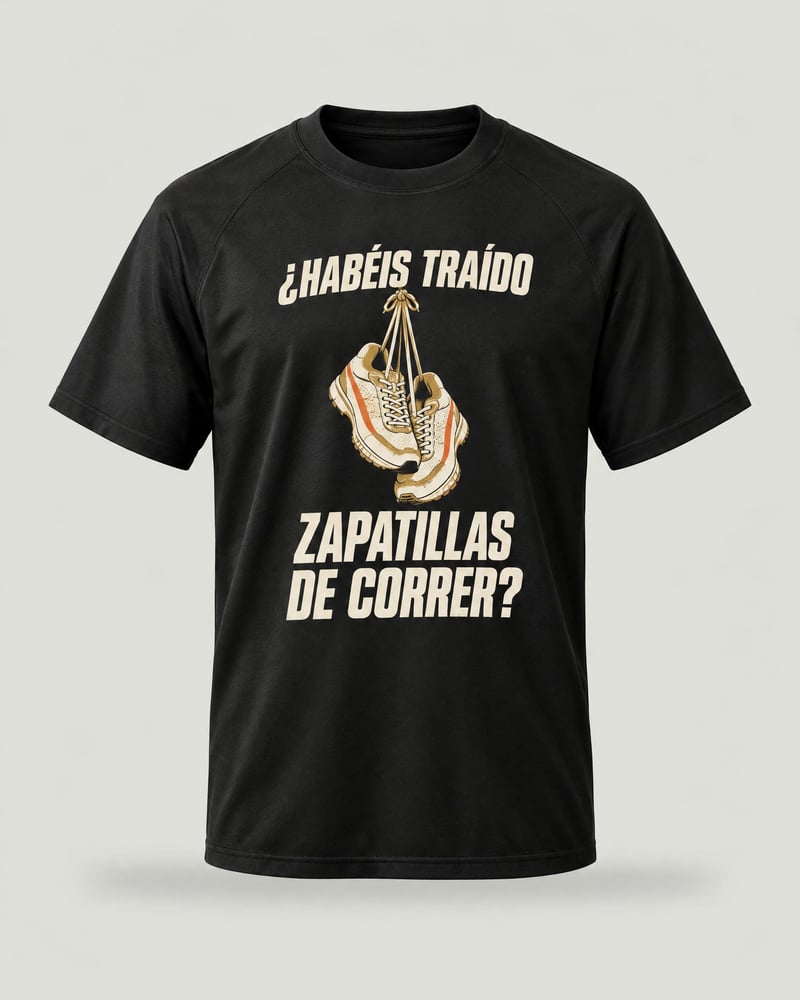 Camiseta técnica «¿Habéis traído zapatillas de correr?», color negro, delante