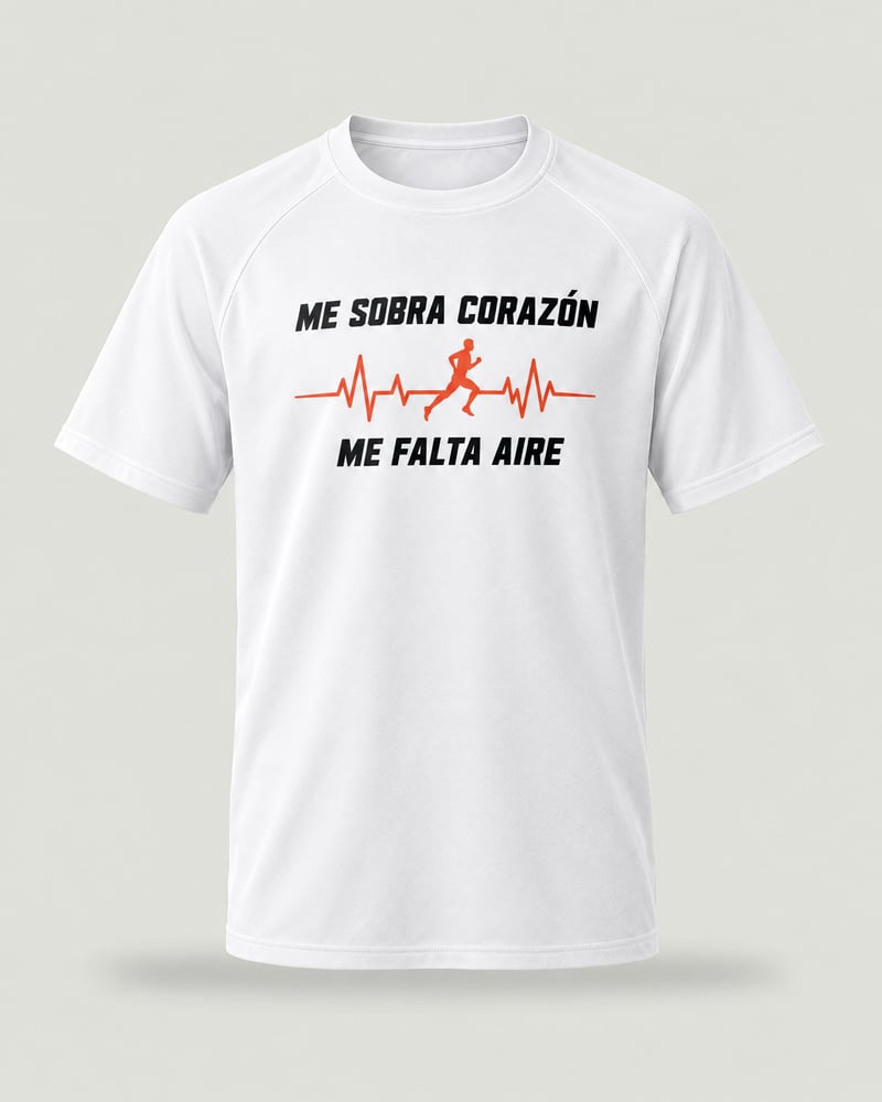 Camiseta técnica «Me sobra corazón, me falta aire», color blanco, delante